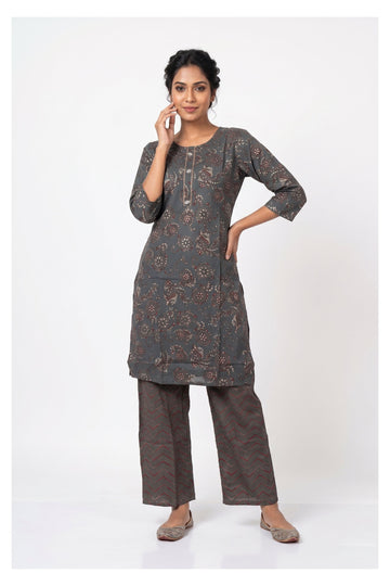 Charcoal Grey Printed Co-Ord Kurta Set