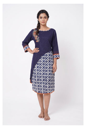 Navy Blue Printed Indo-Western Midi Dress