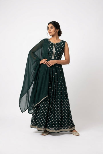 Emerald Green Embroidered Anarkali Gown With Dupatta