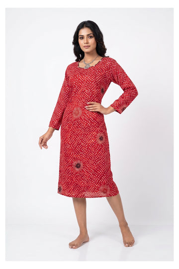Ruby Red Bandhani Print Indo-Western Midi Dress