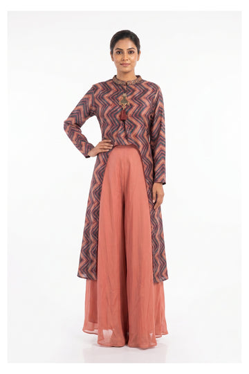 Peach Palazzo Set With Chevron Print Indo-Western Kurta