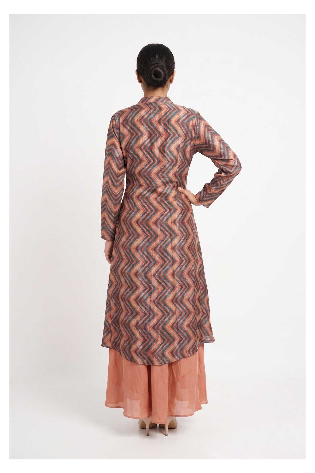 Peach Palazzo Set With Chevron Print Indo-Western Kurta