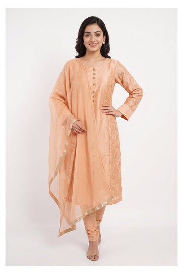 Peach Embroidered Churidar Suit Set With Dupatta