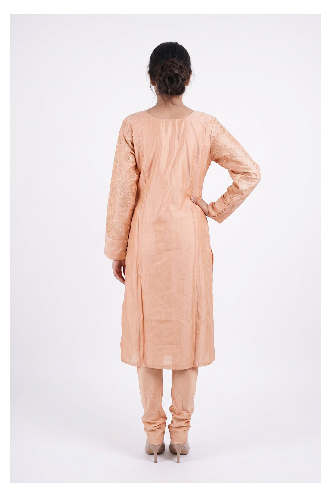 Peach Embroidered Churidar Suit Set With Dupatta