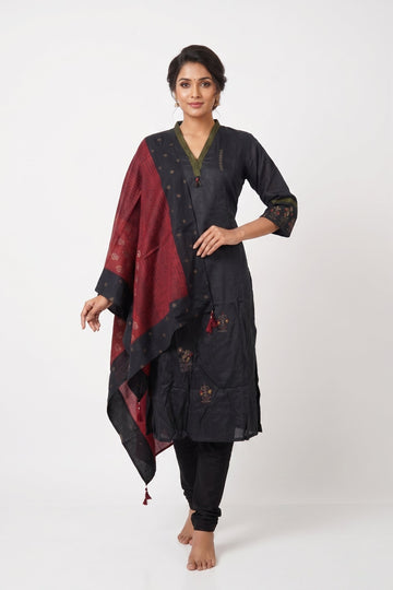 Midnight Black Embroidered Kurta Set With Contrast Dupatta