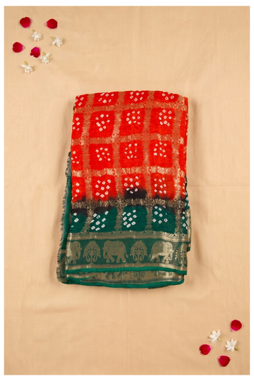 Elegant Red And Green Bandhani Georgette Saree With Zari Elephant Border