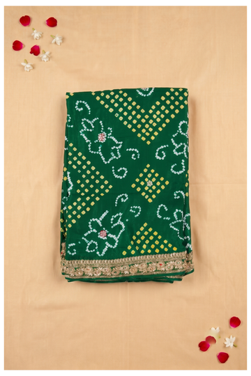 Elegant Emerald Green Bandhani Silk Saree With Embroidered Zari Border