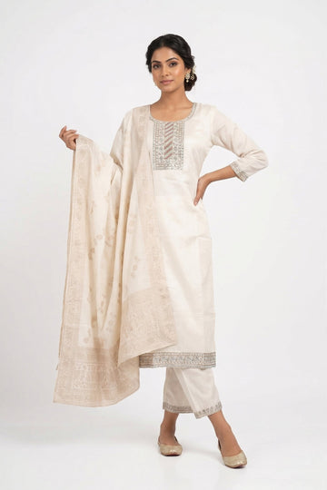 Ivory Grace Embroidered Kurta Pant Set With Dupatta