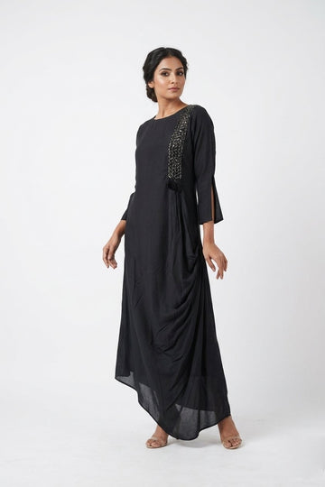 Midnight Black Draped Indowestern Maxi Dress