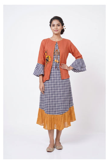 Rust Orange Checked Indo-Western Dress With Jacket