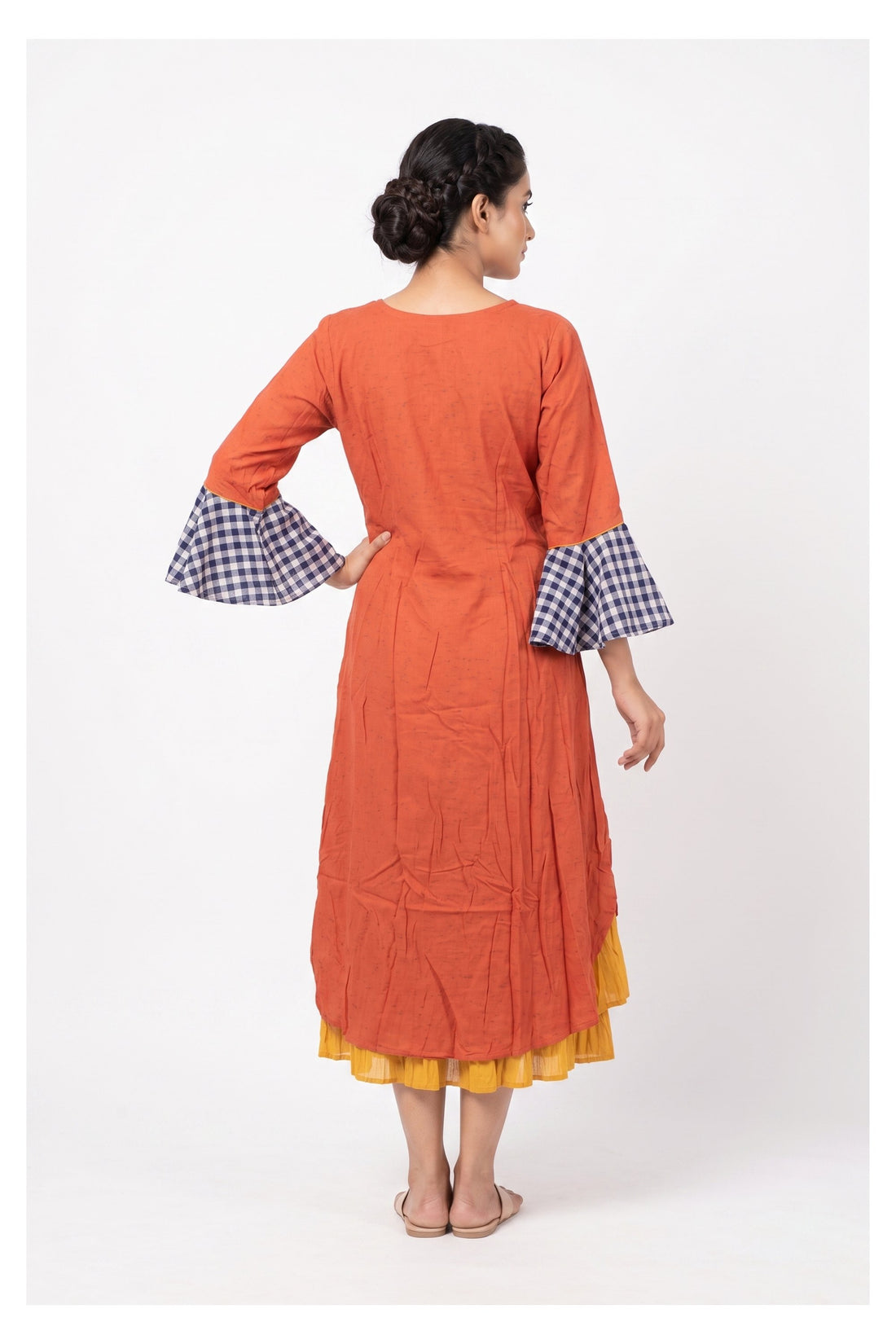 Rust Orange Checked Indo-Western Dress With Jacket