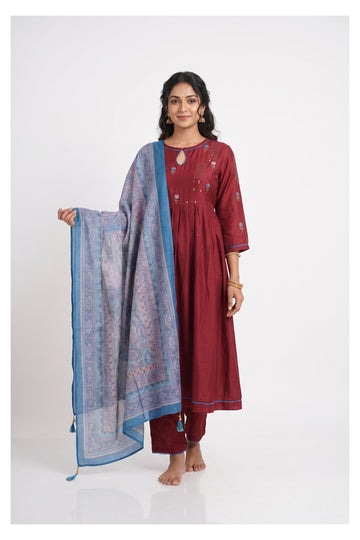 Wine Red Anarkali Suit Set With Printed Blue Dupatta