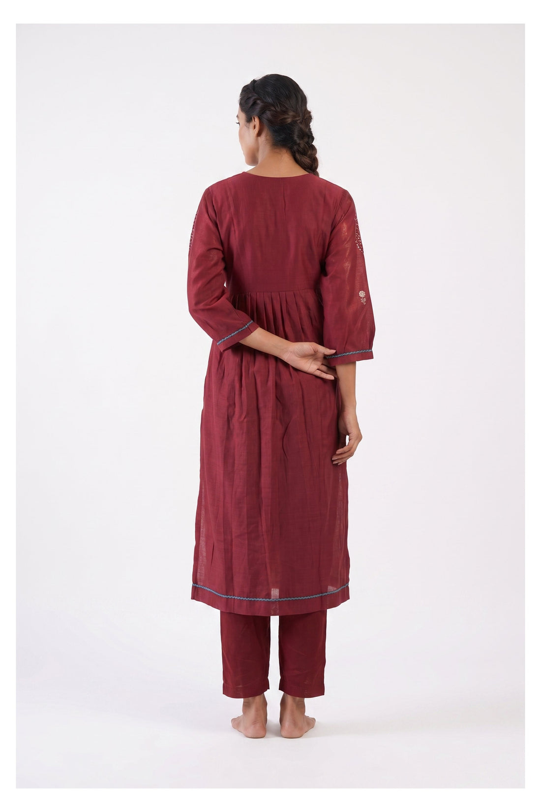 Wine Red Anarkali Suit Set With Printed Blue Dupatta