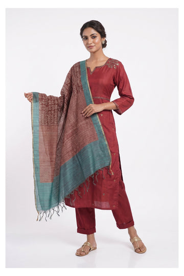 Rust Red Ethnic Suit Set With Handloom Style Dupatta