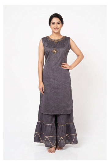 Charcoal Grey Embroidered Kurta With Sharara Set