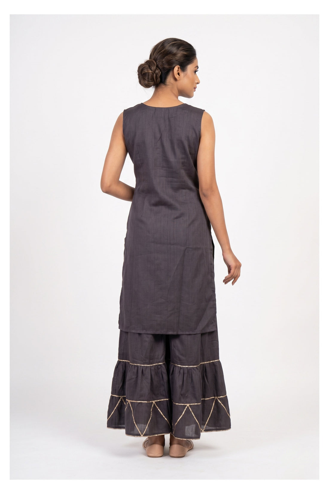 Charcoal Grey Embroidered Kurta With Sharara Set