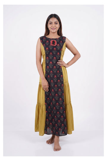 Mustard & Black Floral Printed Tiered Maxi Dress