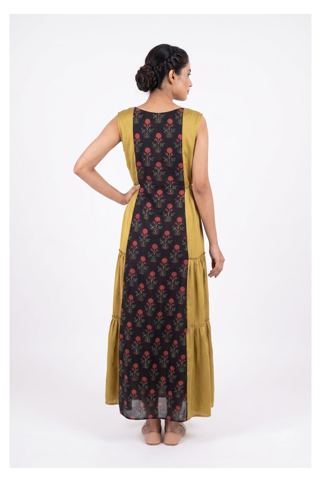Mustard & Black Floral Printed Tiered Maxi Dress