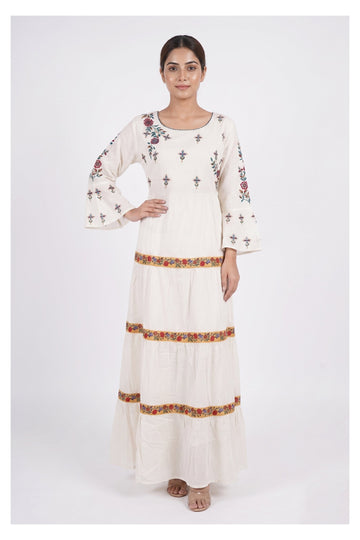 Ivory Floral Embroidered Tiered Maxi Dress