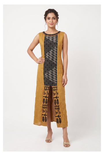 Mustard Black Printed Indo-Western Long Dress