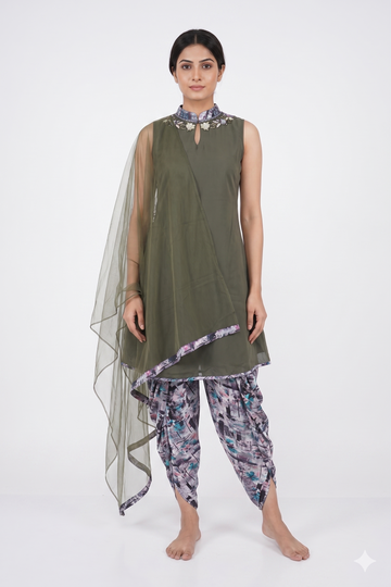 Olive Green Indo-Western Dhoti Set With Sheer Dupatta