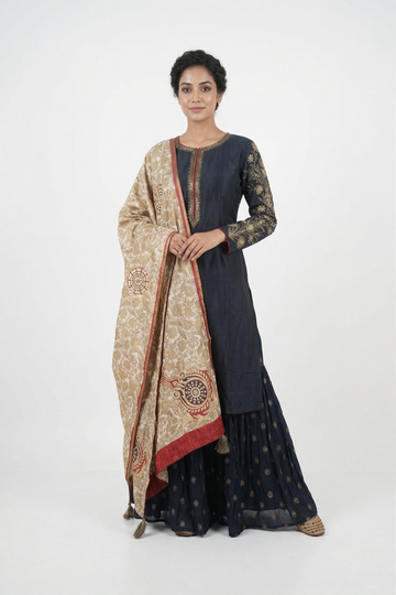 Dark Deep Steel Blue Kurta Sharara Set With Designer Printed Dupatta