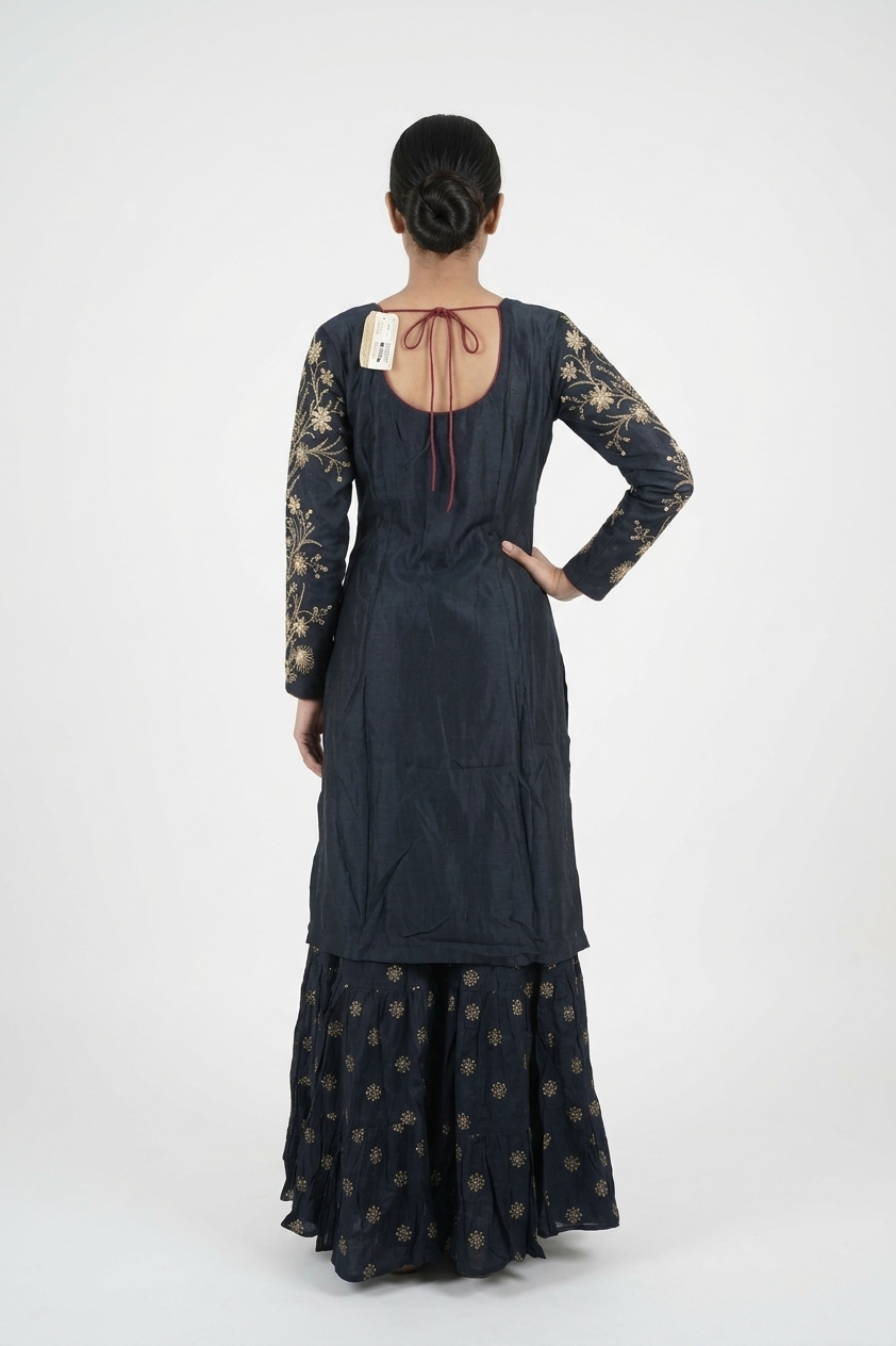 Dark Deep Steel Blue Kurta Sharara Set With Designer Printed Dupatta