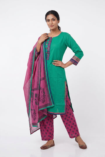 Emerald Green & Magenta Printed Kurta Pant Dupatta Set