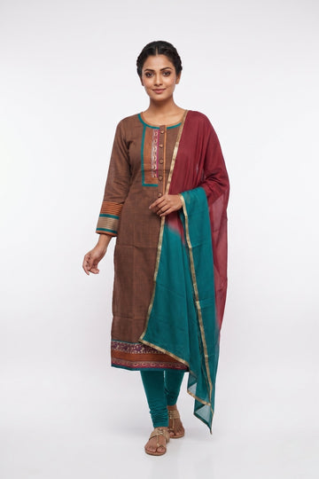 Rust Brown Ethnic Kurta Set With Teal Dupatta