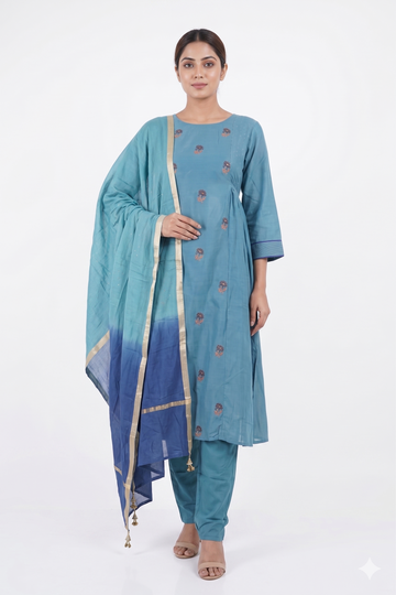 Sky Blue Embroidered Kurta Set With Ombre Dupatta