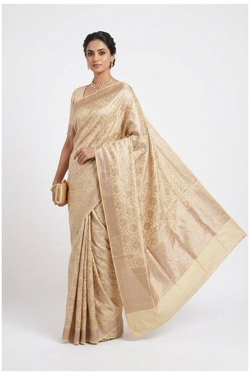 Beige Pure Banarasi Silk Saree With Floral Jaal Weaving