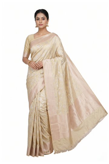 Beige Pure Banarasi Pure Silk Saree With Weaving