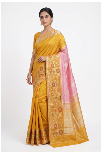 Pink Mustard Banarasi Pure Silk Saree With Weaving