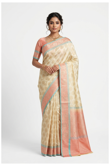 Peach Banarasi Silk Saree With Weaving