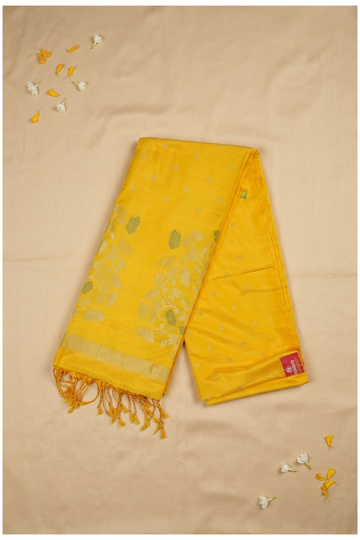 Premium Pure Silk Mustard Yellow Saree With Silver Zari Floral Weaving