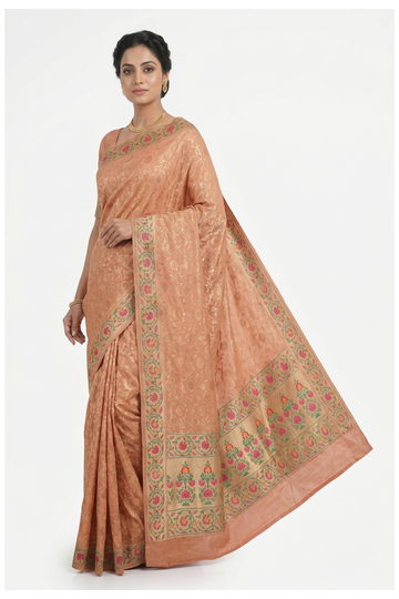 Light Peach Banarasi Pure Silk Saree With Weaving