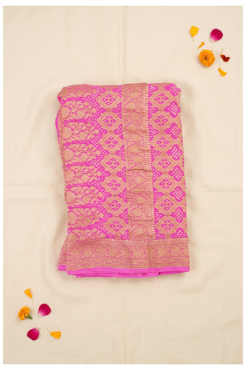 Elegant Rani Pink Banarasi Georgette Saree With Intricate Gold Zari Woven Borders