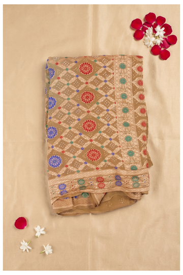 Elegant Beige Georgette Banarasi Bandhani Saree With Colorful Meenakari Florals