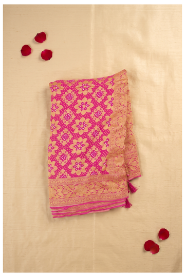 Vibrant Magenta Pink Banarasi Bandhani Silk Saree With Elegant Zari Border