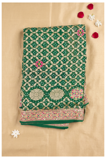 Elegant Emerald Green Banarasi Bandhani Georgette Saree With Zari Jaal Work
