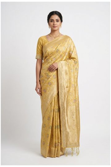 Pale Gold Banarasi Silk Saree With Hand Work Weaving