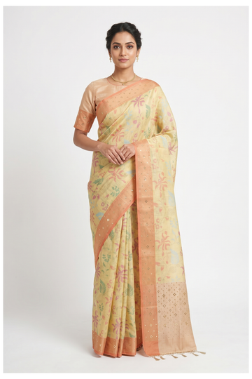 Pale Yellow Cotton Wedding & Party Wear Saree