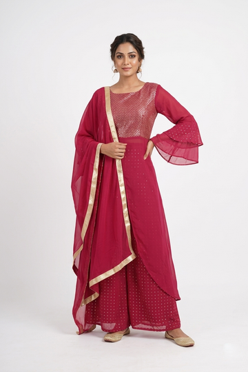 Elegant Rani Pink Georgette Kurta Palazzo Set With Embellished Dupatta