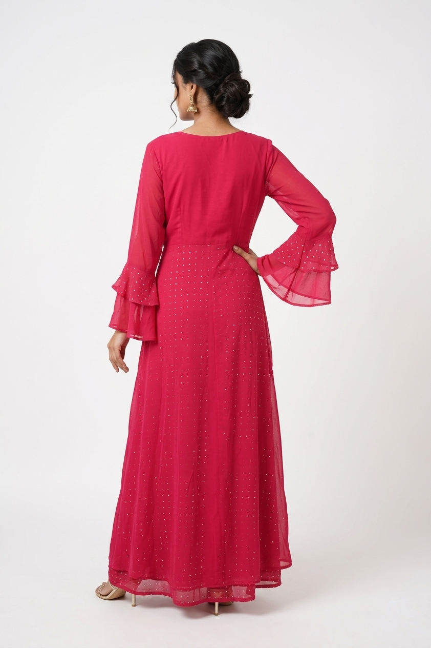Elegant Rani Pink Georgette Kurta Palazzo Set With Embellished Dupatta