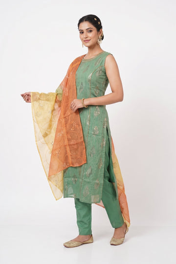 Mint Green Sleeveless Kurta Set With Ombre Dupatta