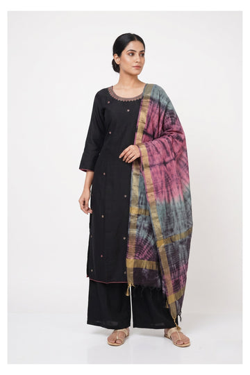 Black Straight Kurta Set With Tie-Dye Dupatta
