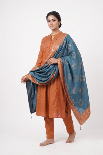 Rust Orange Kurta Set With Teal Blue Designer Dupatta