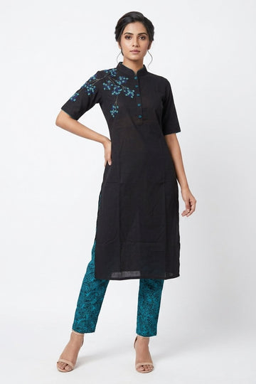 Midnight Black Embroidered Kurta Set With Printed Pants