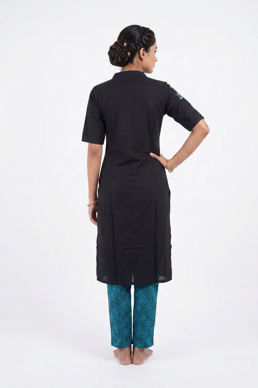 Midnight Black Embroidered Kurta Set With Printed Pants