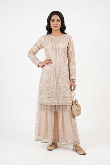 Blush Pink Heavy Embroidered Georgette Kurta Sharara Set